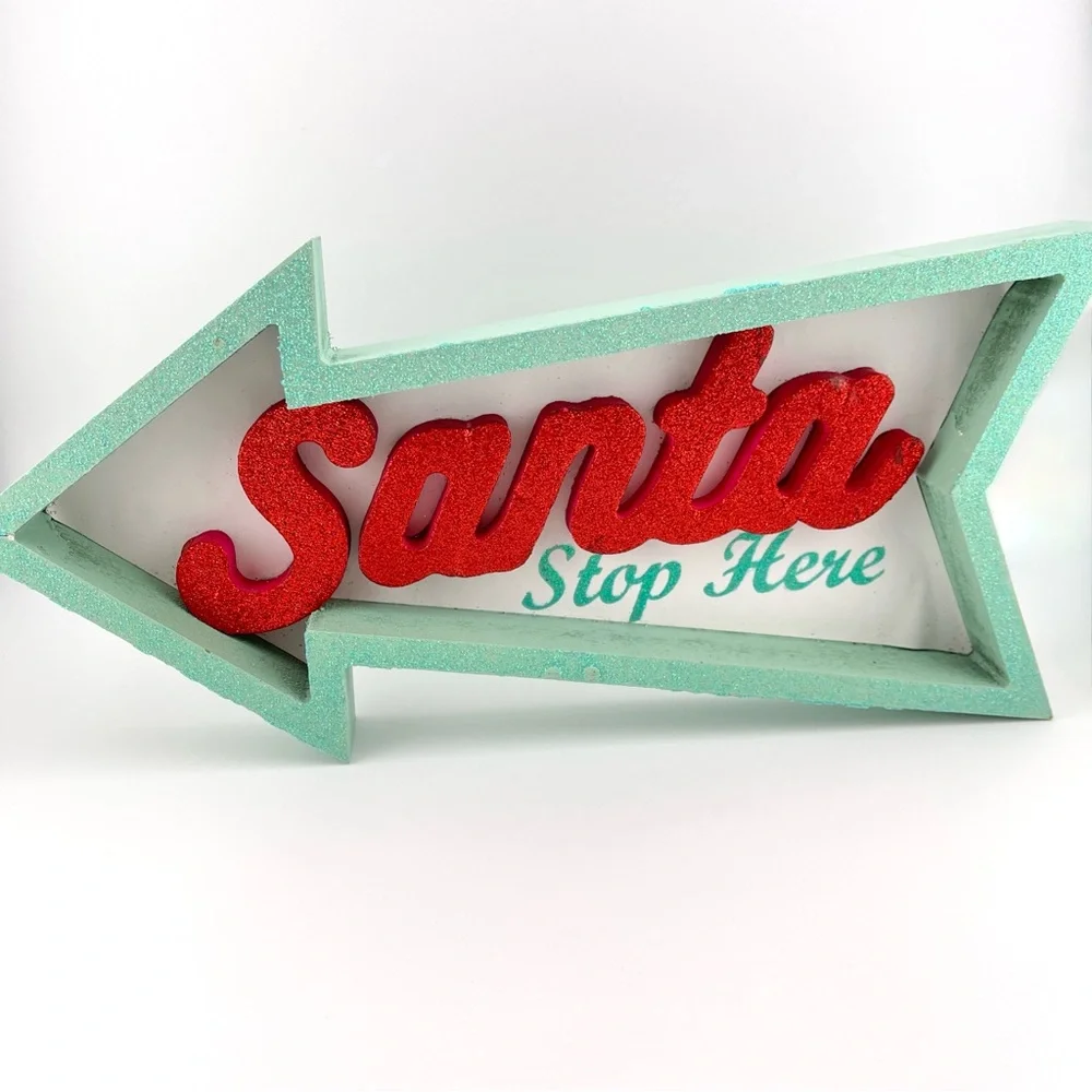Santa Stop Here Glitter Christmas Sign Red and Mint Green Holiday Wall Decor